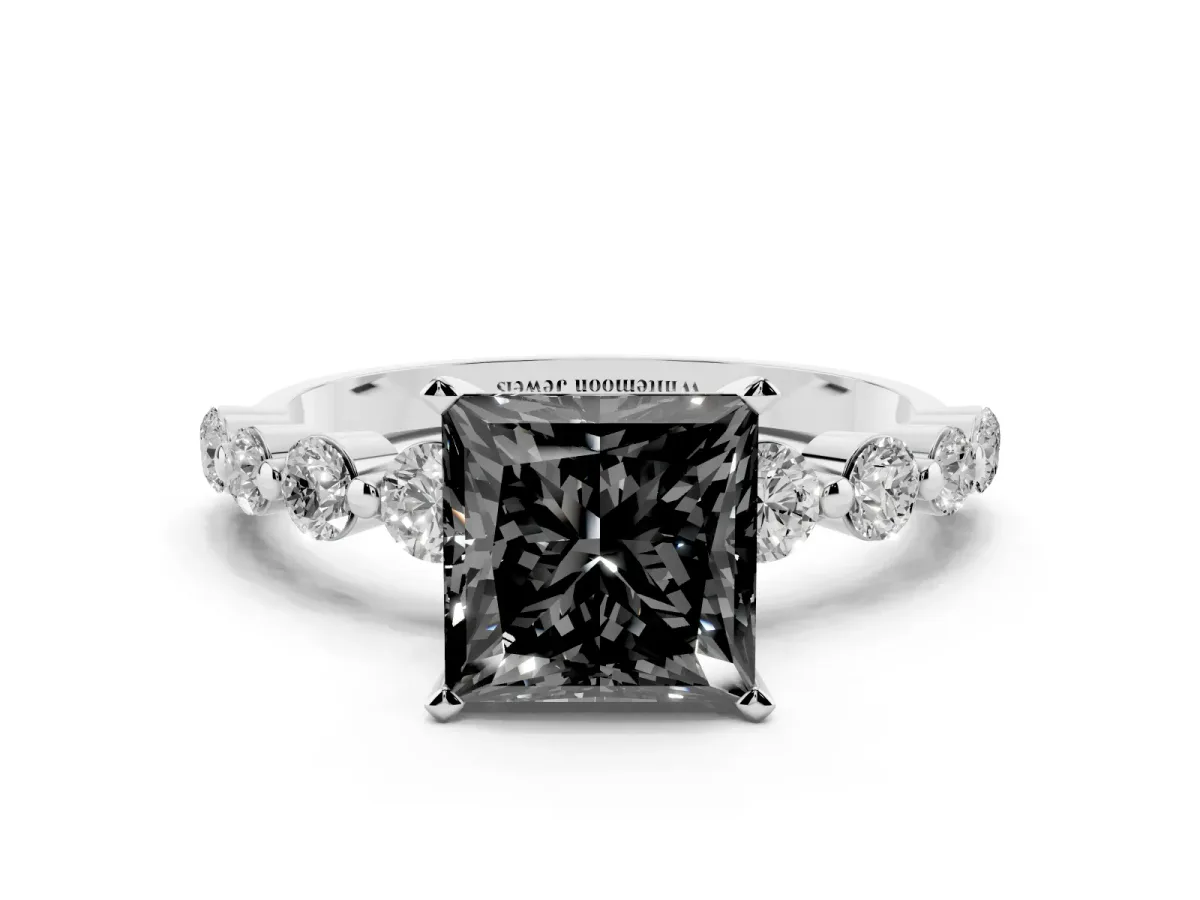 Fancy Black Princess Cut Solitaire Diamond Ring with Pave Band and Four-Prong Setting Silver