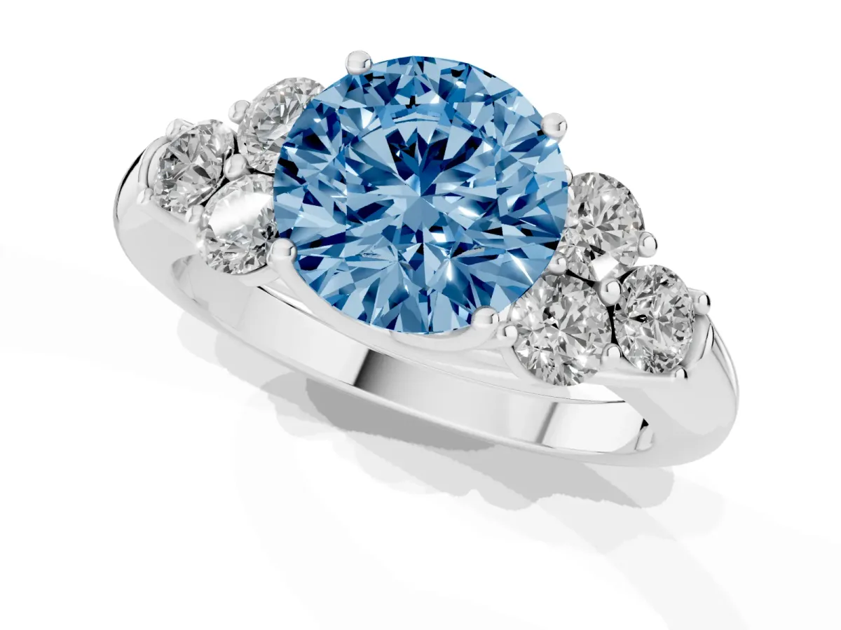 Fancy Blue Round Cut Cut Diamond Cluster Ring with Round Accent Stones and Prong Setting on a Classic Band Silver