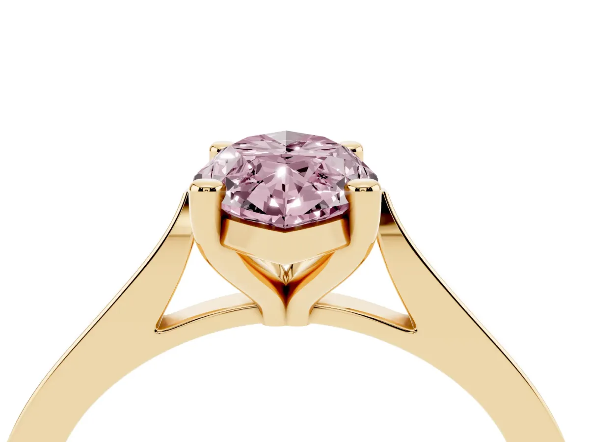 Fancy Pink Marquise Cut Solitaire Diamond Ring with Four-Prong Setting and Tapered Band Yellow gold
