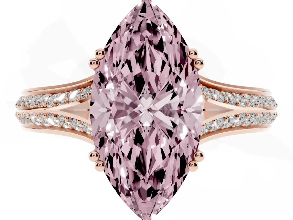 Fancy Pink Marquise Cut Diamond Split Shank Engagement Ring with Pavé Band Rose gold