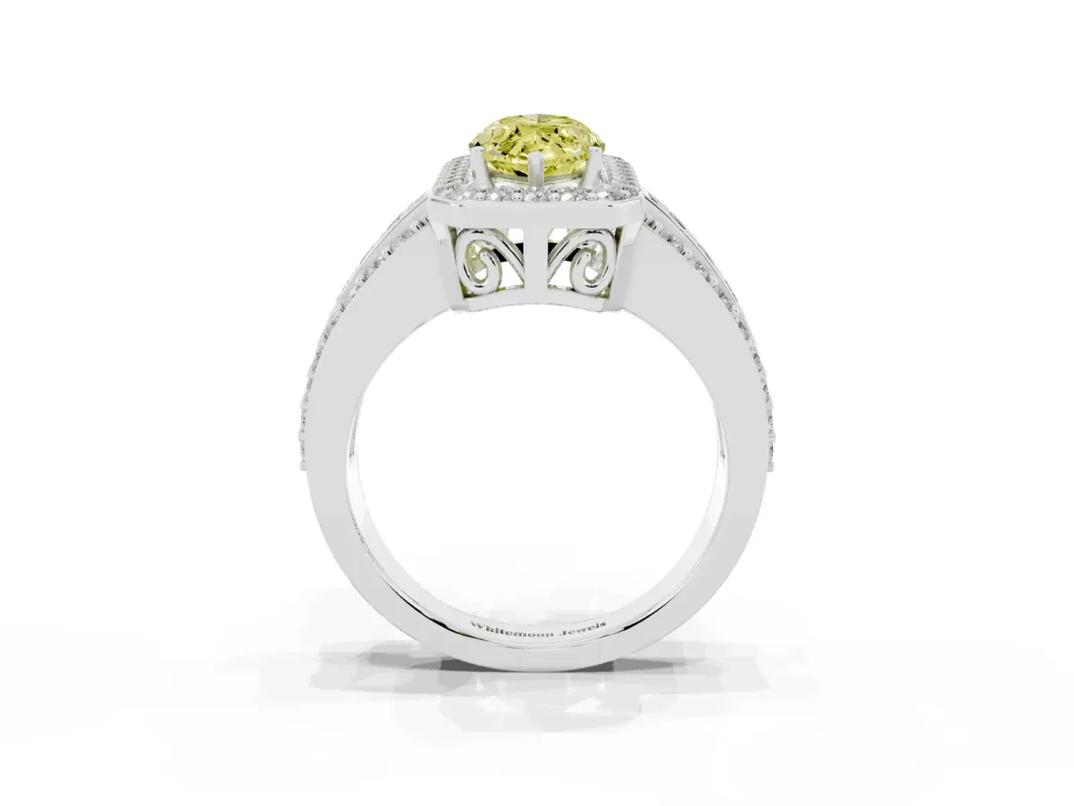 Fancy Yellow Marquise Cut Halo Diamond Ring with Round Split Shank and Prong Setting Silver