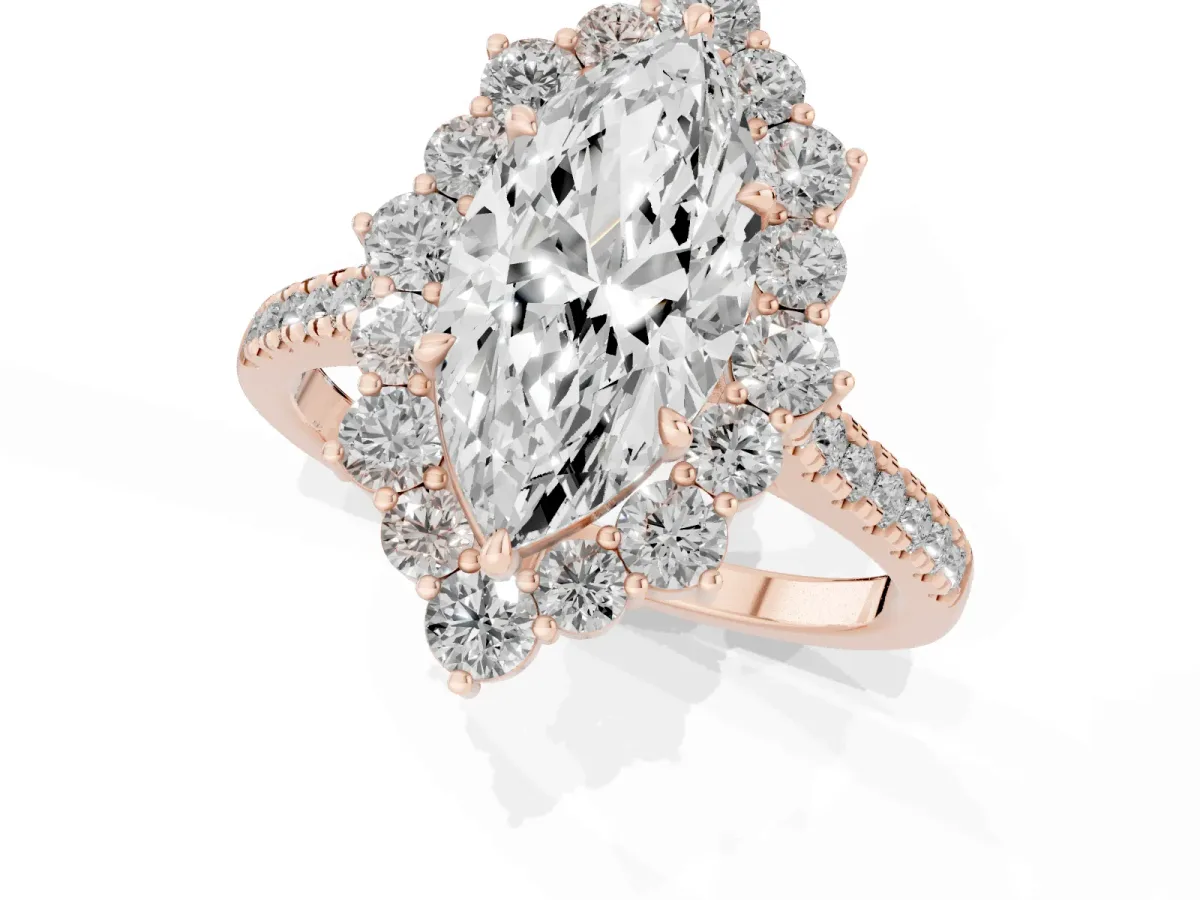 Marquise Cut Halo Diamond Ring with Pavé Band and Prong Setting Rose gold