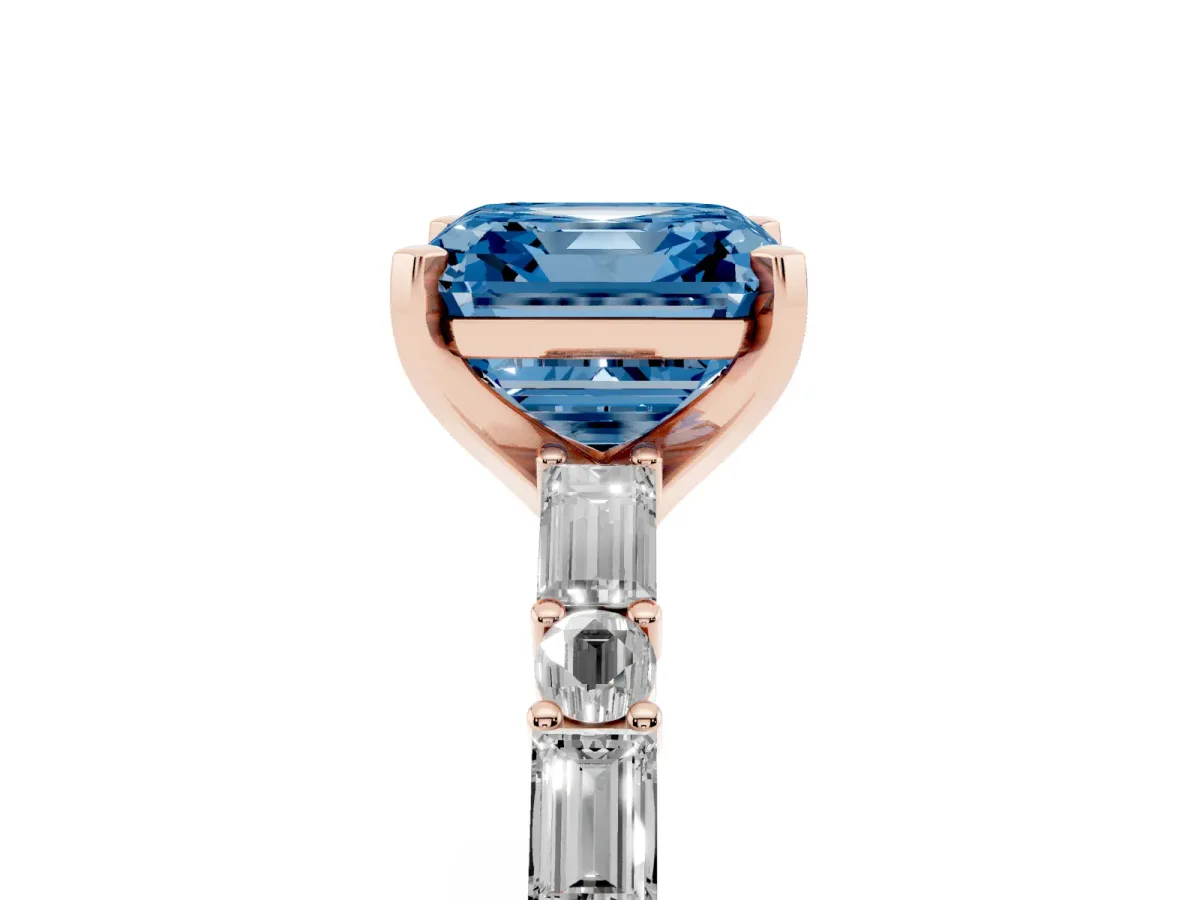 Fancy Blue Asscher Cut Diamond Solitaire with Side Baguettes and Channel Set Band Rose gold