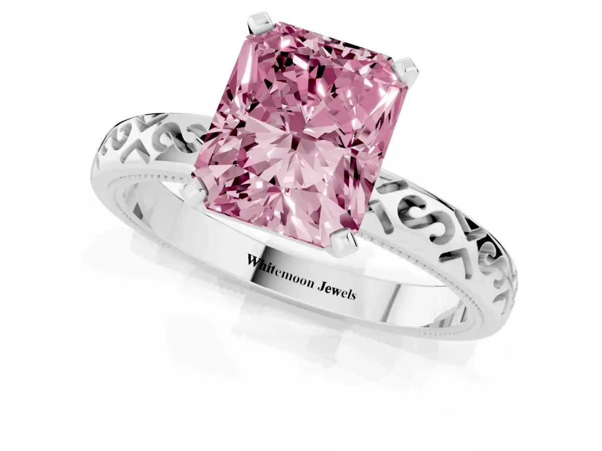 Fancy Pink Radiant Cut Solitaire Engagement Ring with Scrollwork Band and Four-Prong Setting Silver