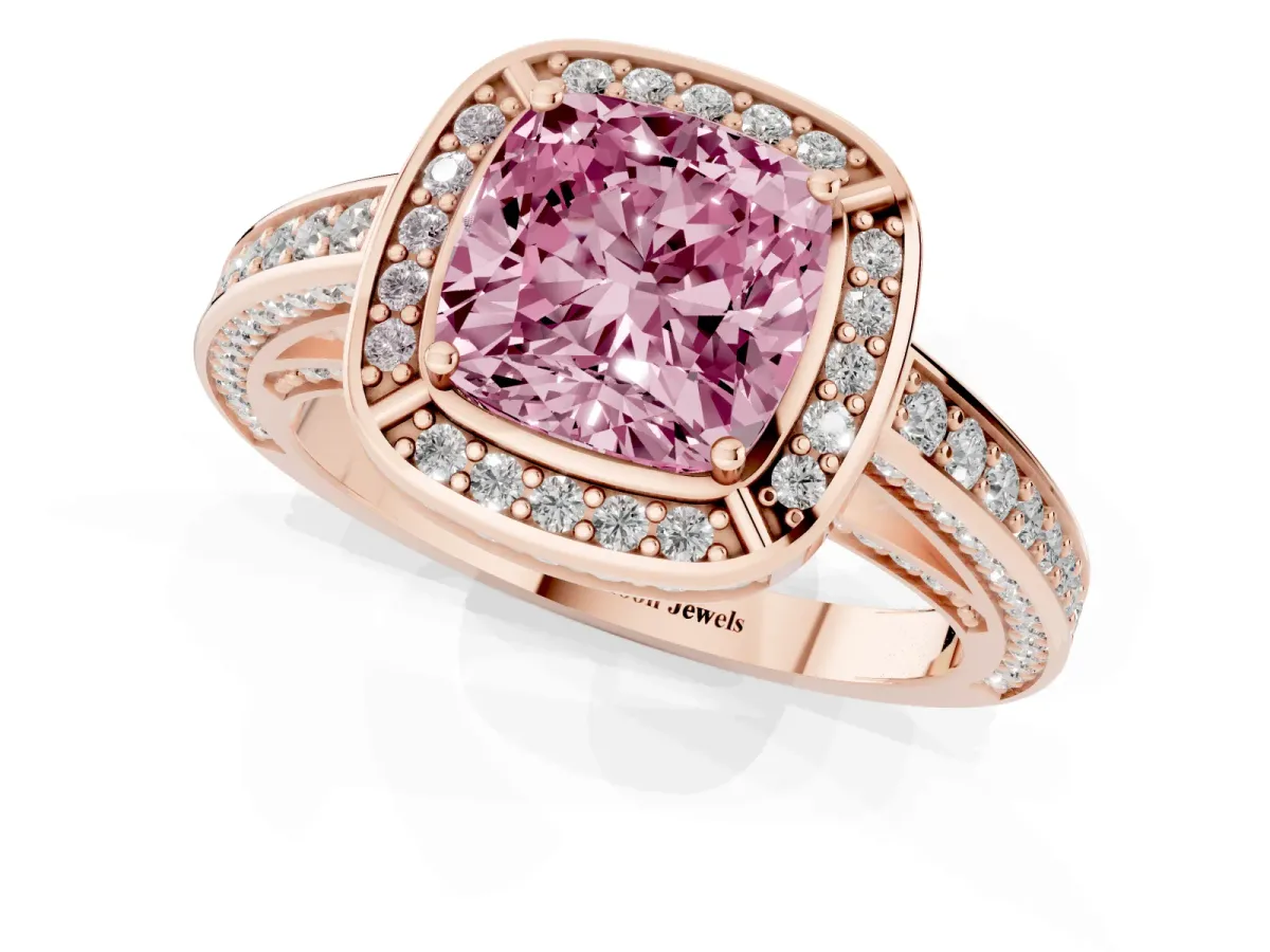 Fancy Pink Cushion Cut Cut Halo Pave Split Shank Prong Setting Ring Rose gold