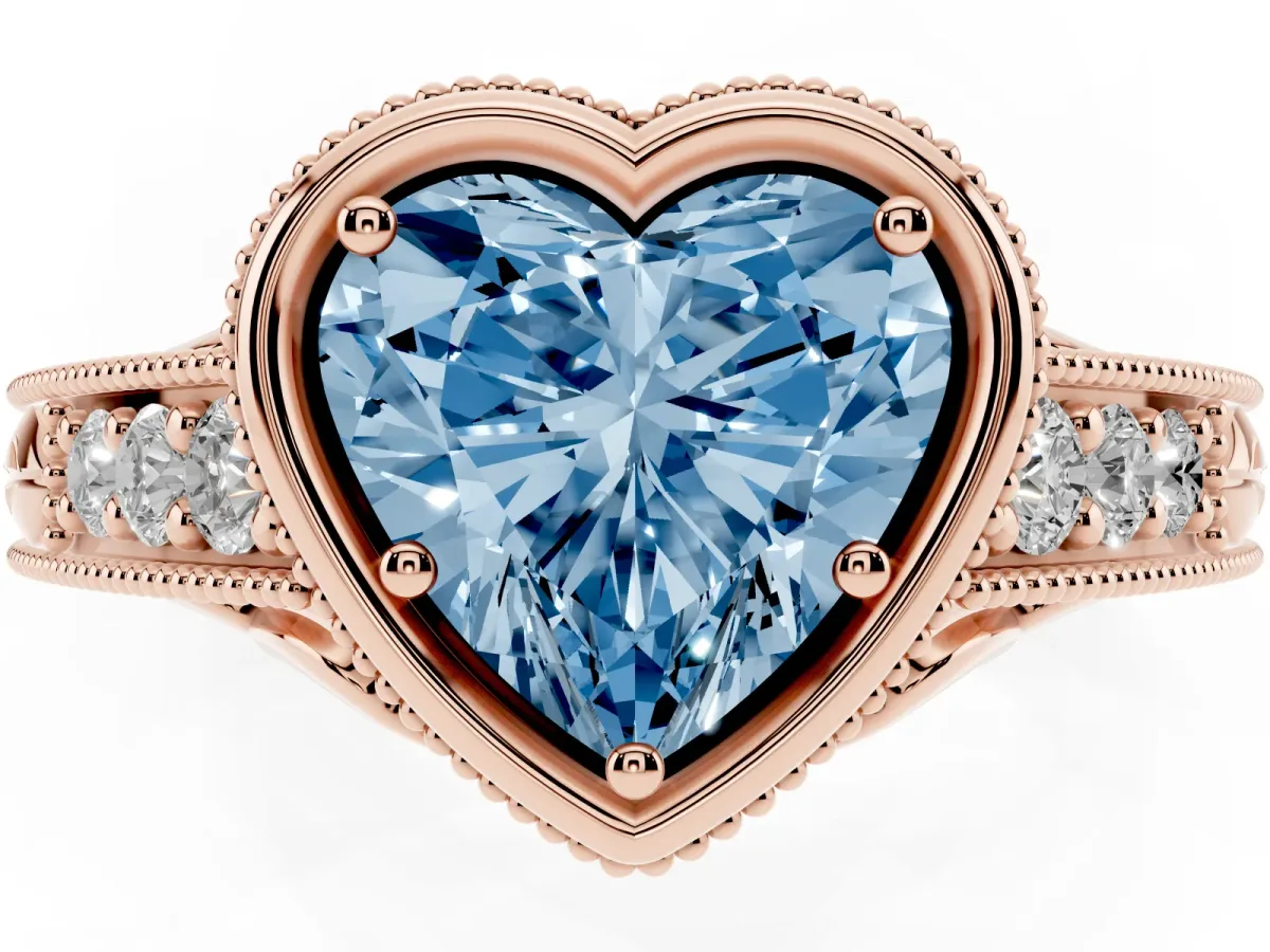 Fancy Blue Bezel Set Heart Cut Diamond Milgrain Pave Engagement Ring Rose gold