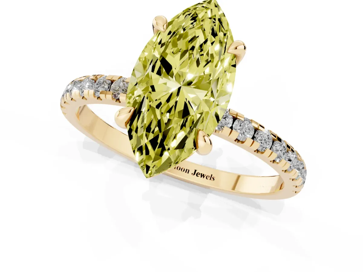 Fancy Yellow Marquise Cut Diamond Brilliant Solitaire Ring with Pavé Band and Four-Prong Setting Yellow gold