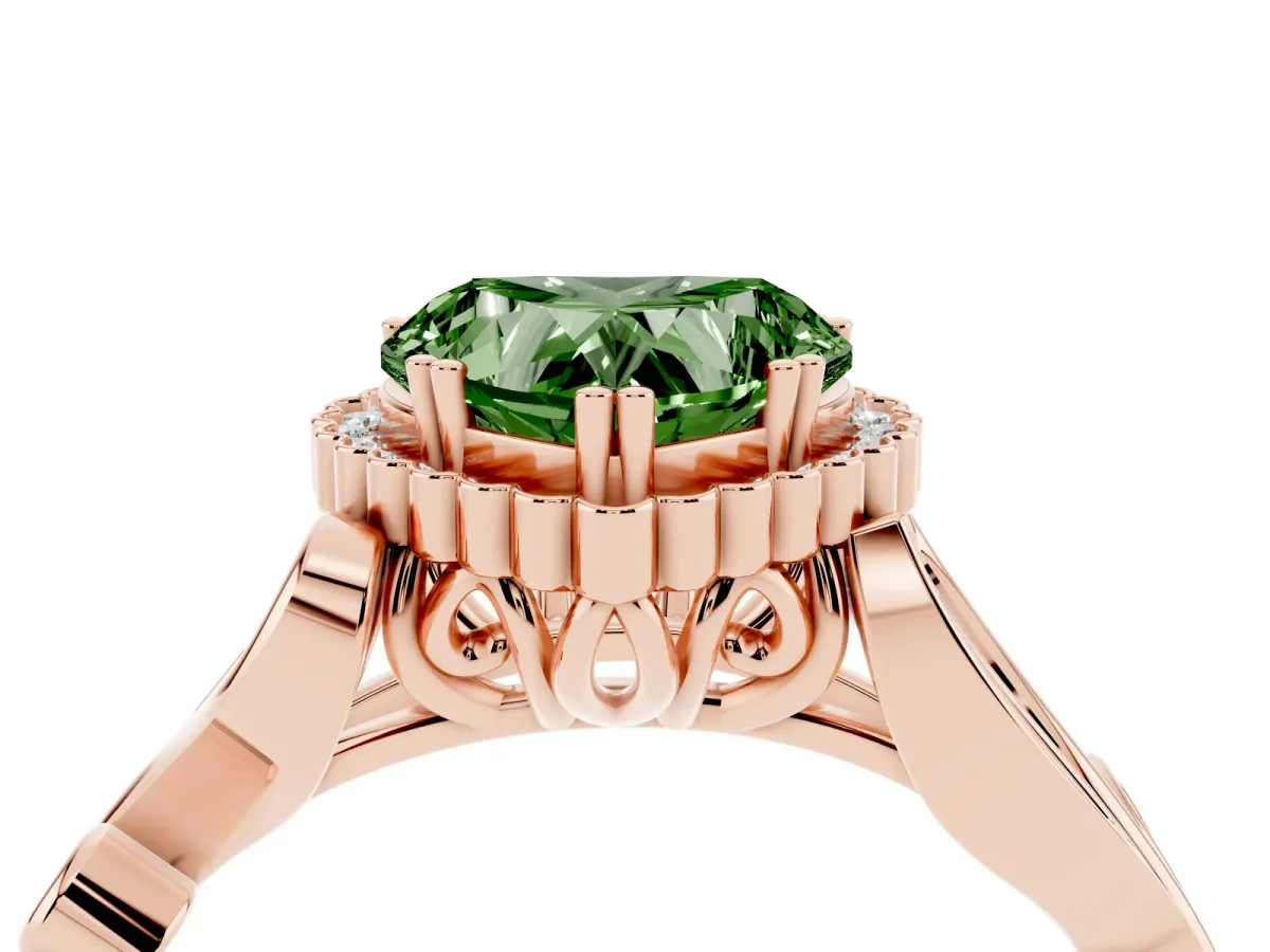 Fancy Green Heart Cut Diamond Halo Ring with Vintage Split Shank and Four-Prong Setting Rose gold