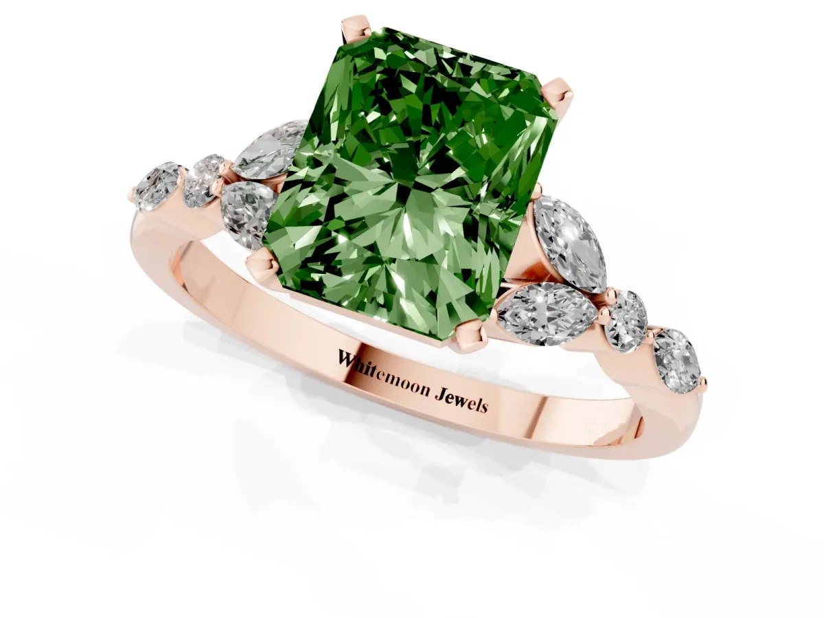 Fancy Green Radiant Cut Diamond Solitaire Ring with Side Stones and Four-Prong Setting Rose gold