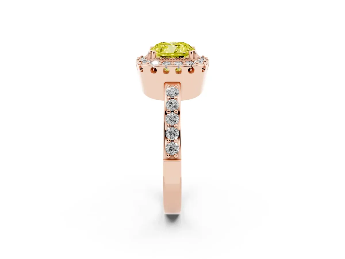 Fancy Yellow Cushion Cut Diamond Halo Ring with Pavé Band and Prong Setting Rose gold