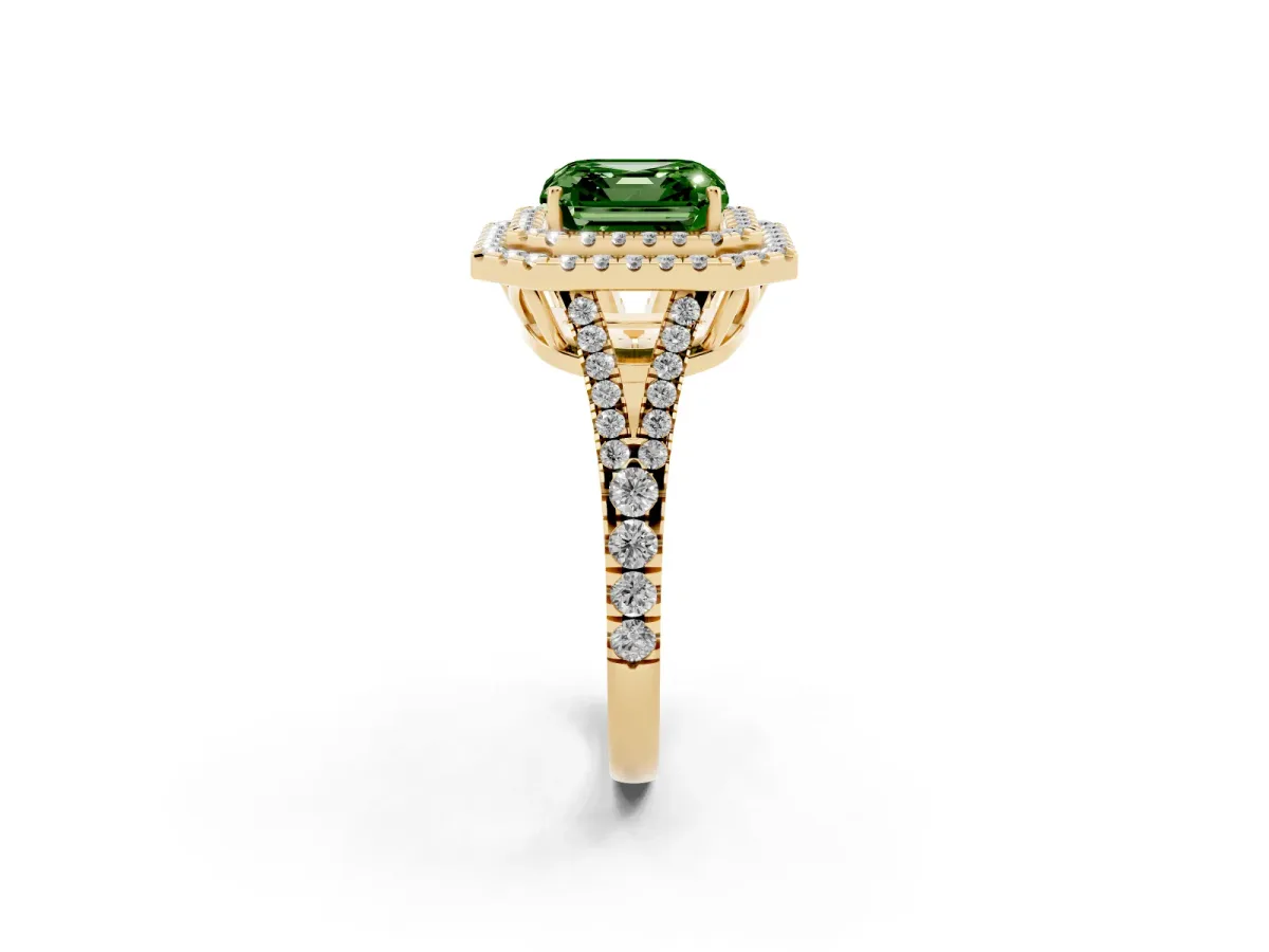 Fancy Green Asscher Cut Diamond Double Halo Ring with Pavé Band and Prong Setting Yellow gold