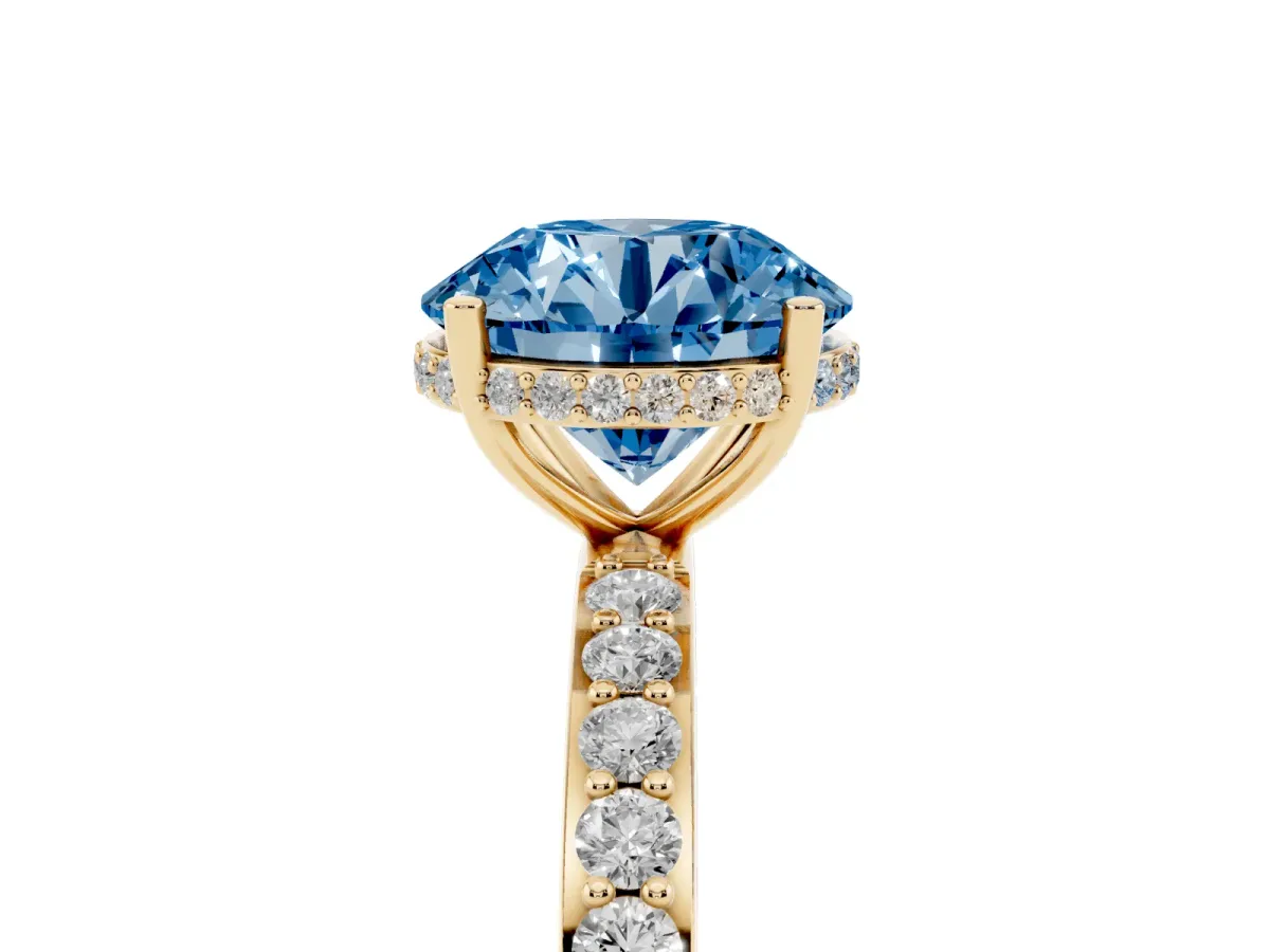 Fancy Blue Round Cut Diamond Solitaire Ring with Pavé Band and Hidden Halo Yellow gold