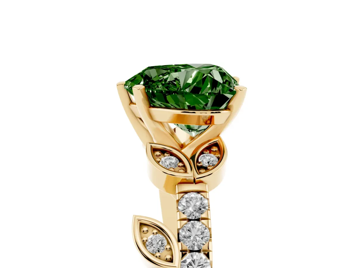 Fancy Green Heart Cut Solitaire Leaf-Inspired Diamond Ring with Pavé Band and Four-Prong Setting Yellow gold