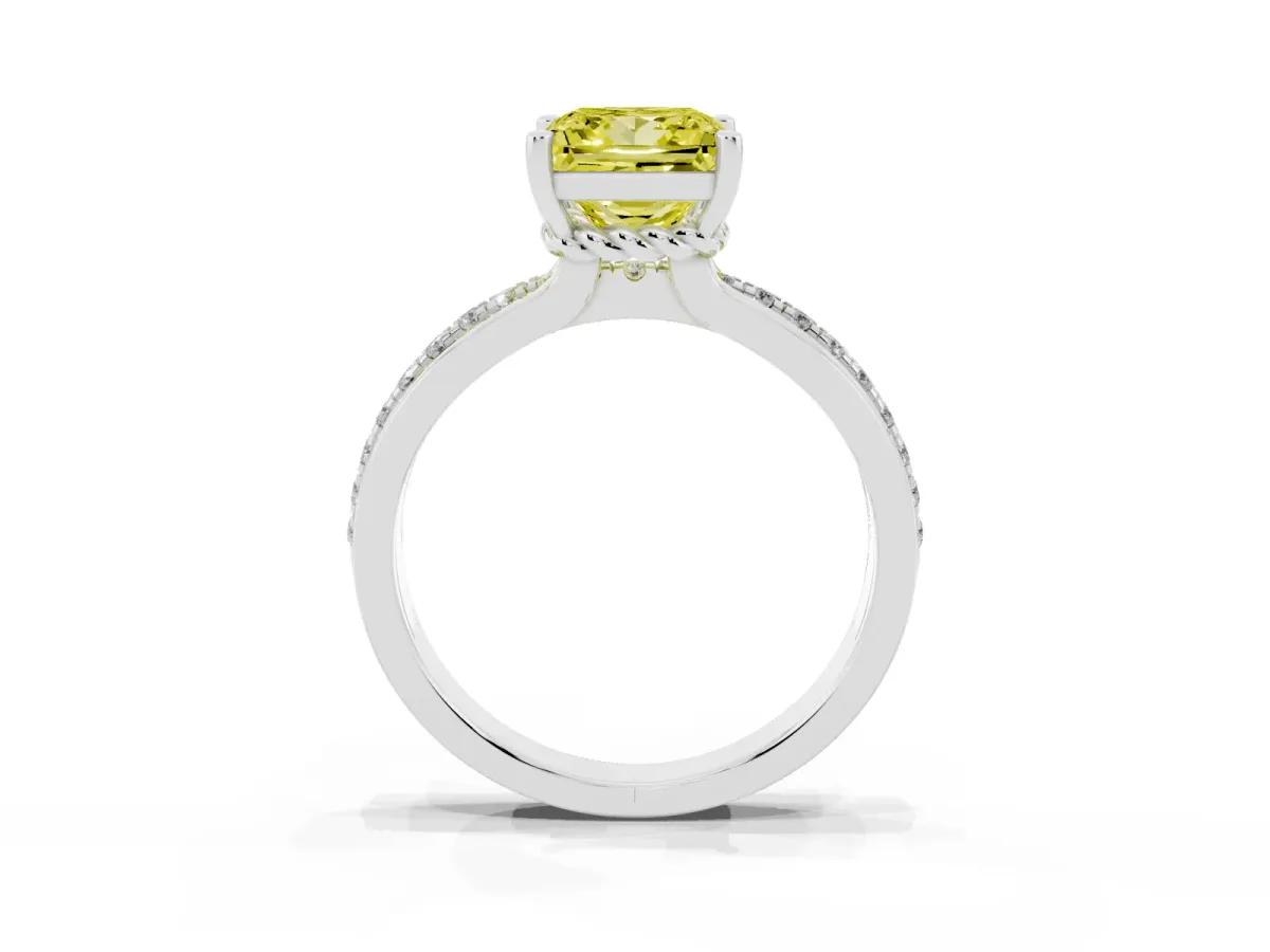 Fancy Yellow Princess Cut Solitaire Diamond Ring with Channel Set Band and Six-Prong Setting Platinum