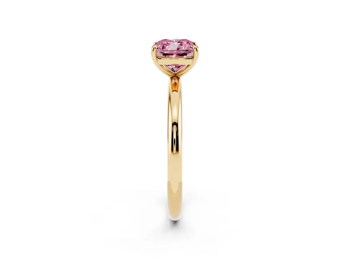 Fancy Pink Cushion Cut Solitaire Diamond Ring with Four-Prong Setting on a Plain Band Yellow gold