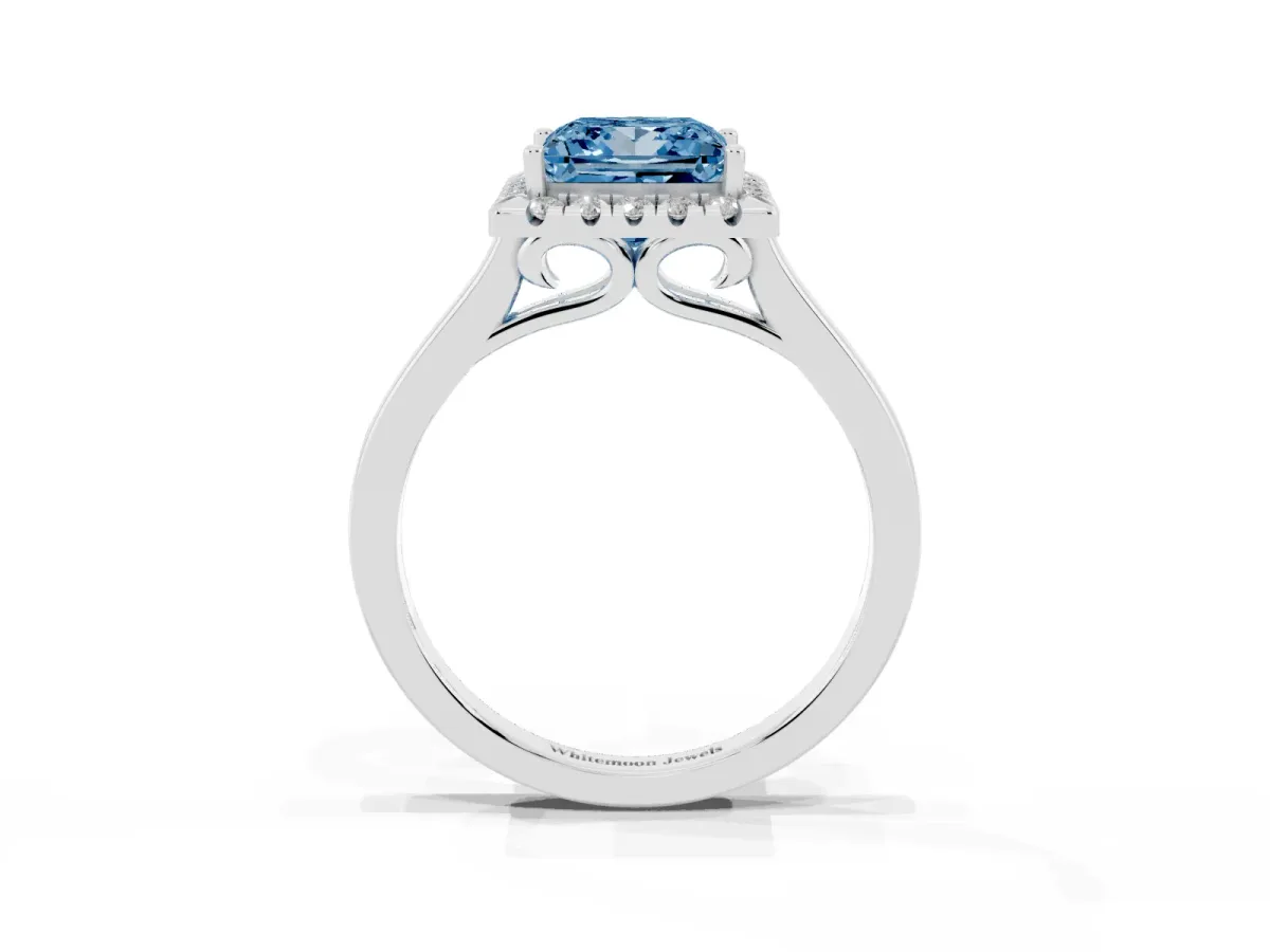 Fancy Blue Princess Cut Halo Round Diamond Solitaire Ring with Pavé Band and Four-Prong Setting Silver