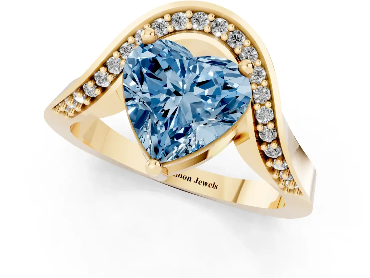 Fancy Blue Heart Cut Solitaire Diamond Engagement Ring with Pave Band and Four-Prong Setting Yellow gold