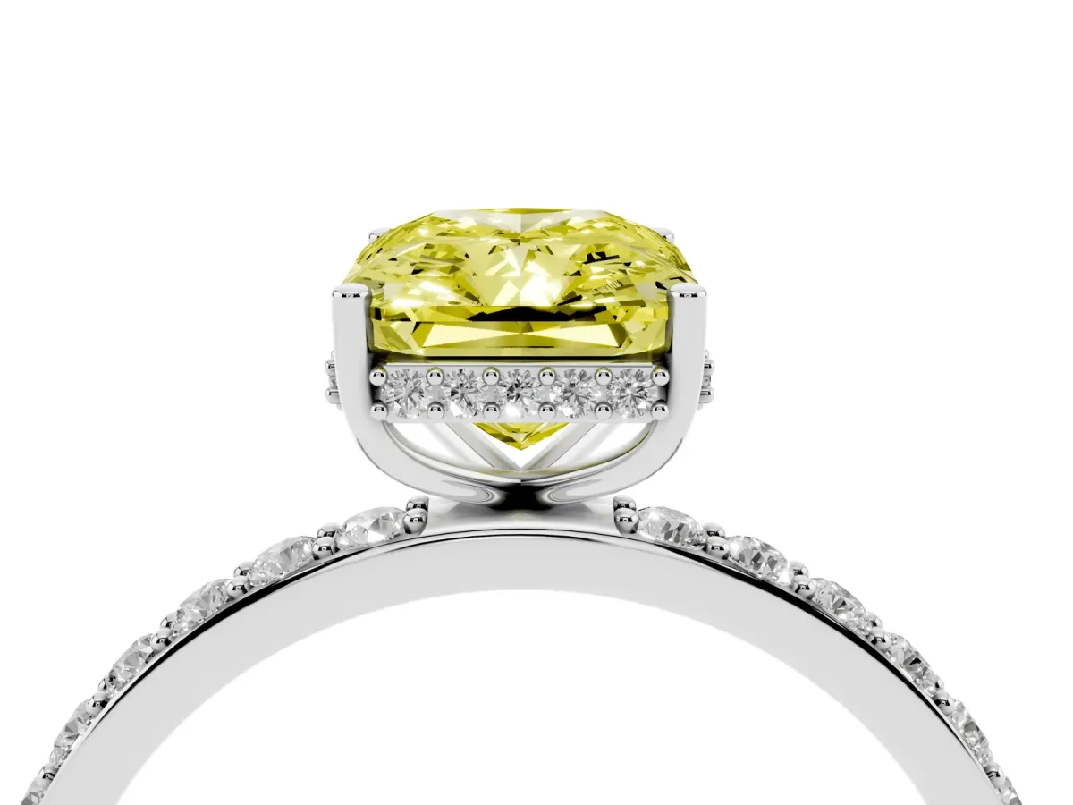 Fancy Yellow Radiant Cut Diamond Solitaire Ring with Pavé Band and Hidden Halo Platinum