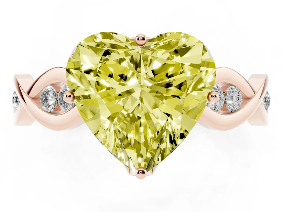 Fancy Yellow Heart Cut Solitaire Twist Band with Leaf Prong Setting Rose gold