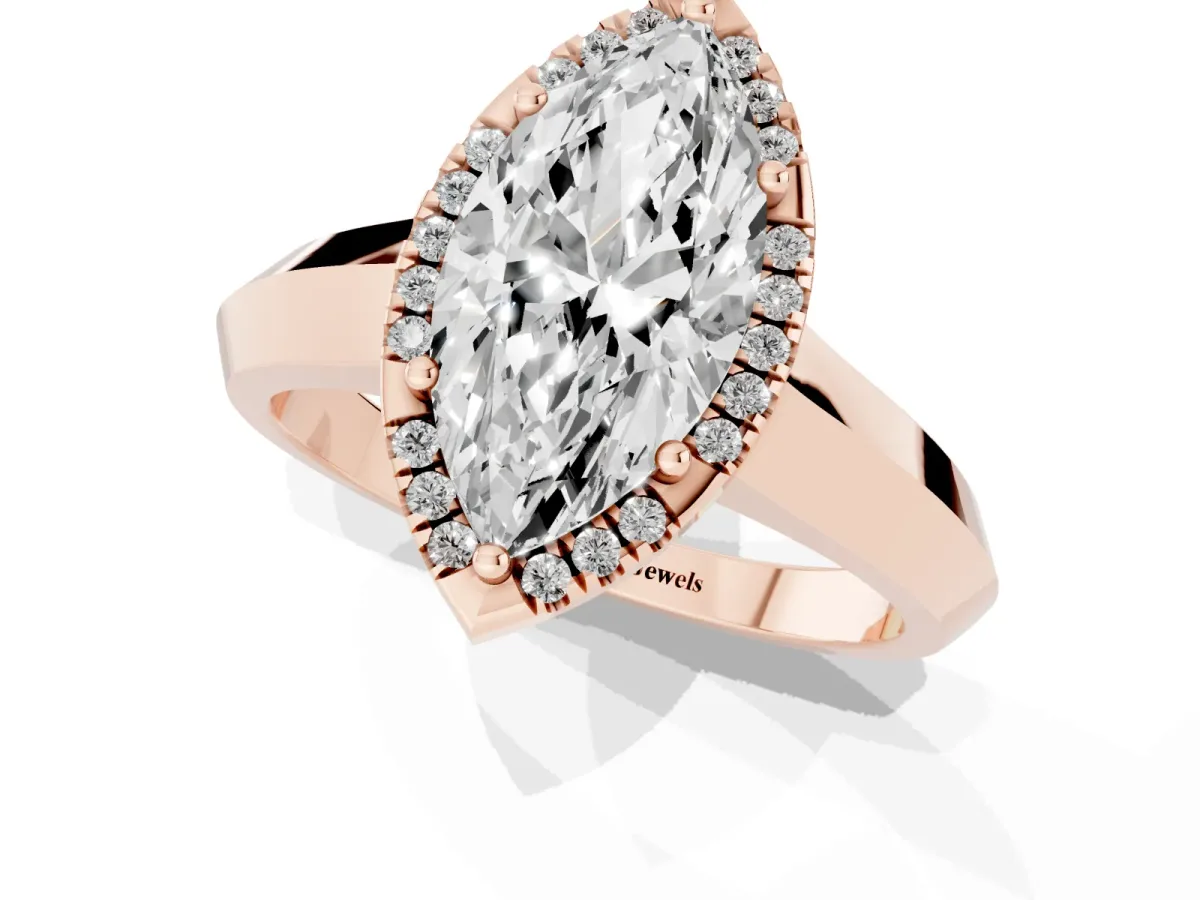 Marquise Cut Halo Diamond Ring with Cathedral Band and Four-Prong Setting Rose gold