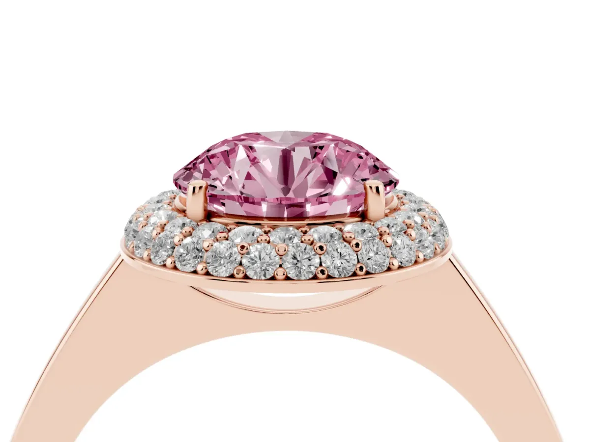 Fancy Pink Round Cut Halo Diamond Engagement Ring with Solitaire Band and Four-Prong Setting Rose gold