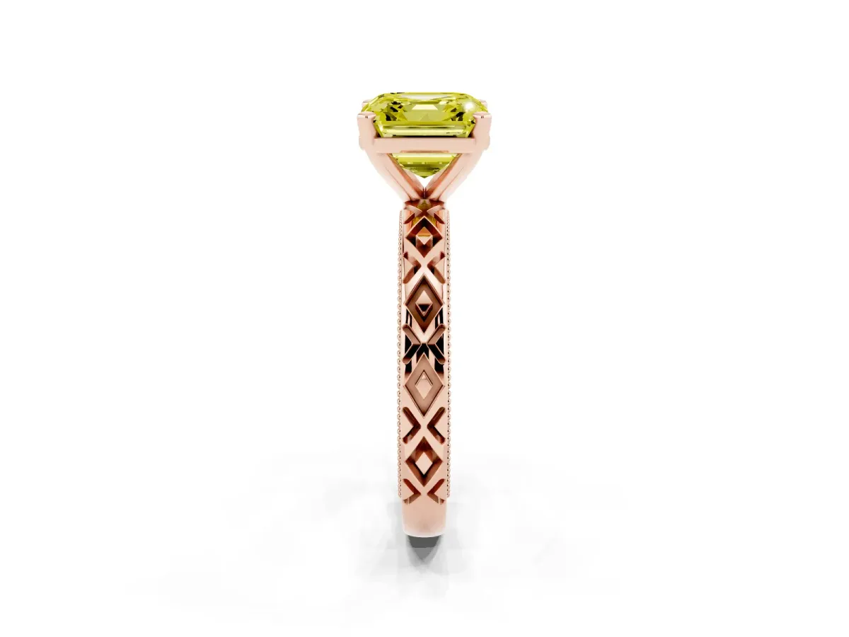 Fancy Yellow Asscher Cut Solitaire Diamond Ring with Milgrain and Black Enamel X Pattern Band Rose gold