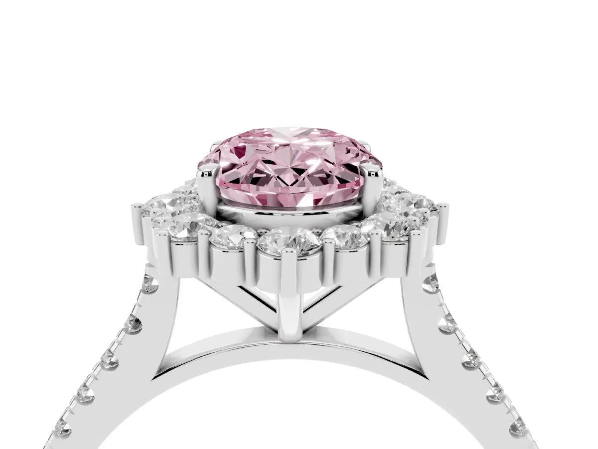 Fancy Pink Oval Cut Halo Diamond Ring with Pavé Band and Prong Setting Silver