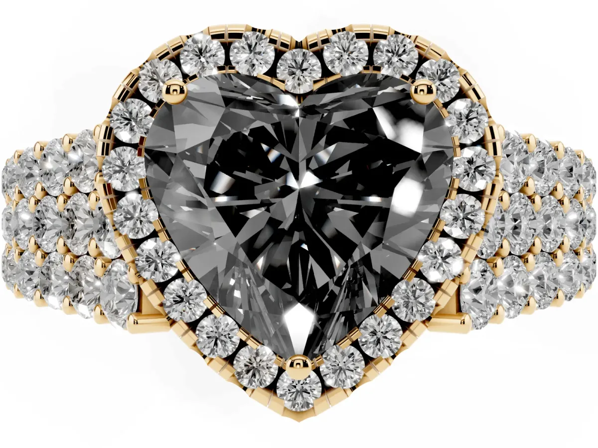 Fancy Black Heart Cut Diamond Halo Engagement Ring with Triple Row Round Pavé Band and Prong Setting Yellow gold
