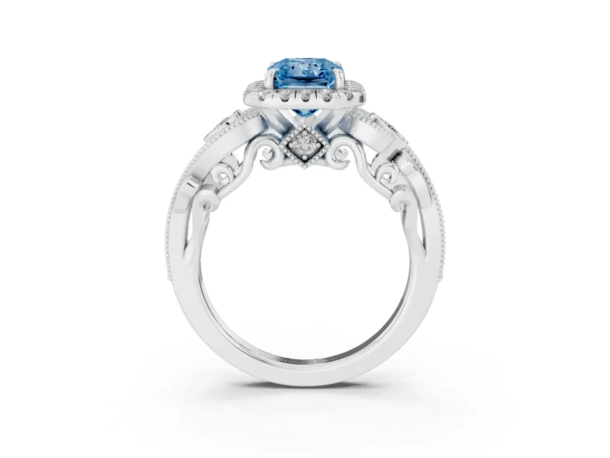 Fancy Blue Radiant Cut Halo Diamond Ring with Milgrain and Bezel Accents on a Split Shank Band Platinum