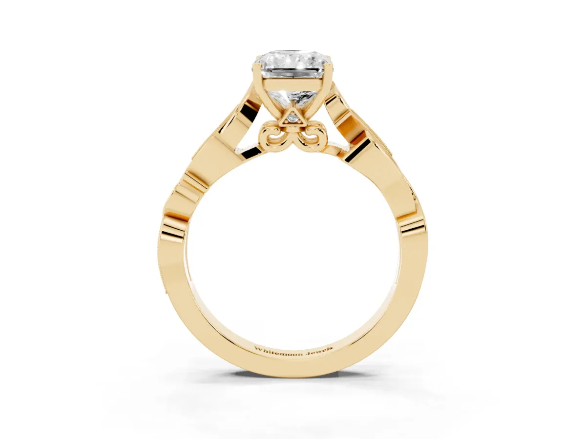 Radiant Cut Solitaire Vine Band with Milgrain Prong Setting Yellow gold