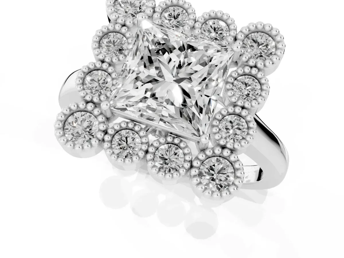 Princess Cut Halo Diamond Cluster Engagement Ring with Milgrain Bezel Setting and Solitaire Band Silver