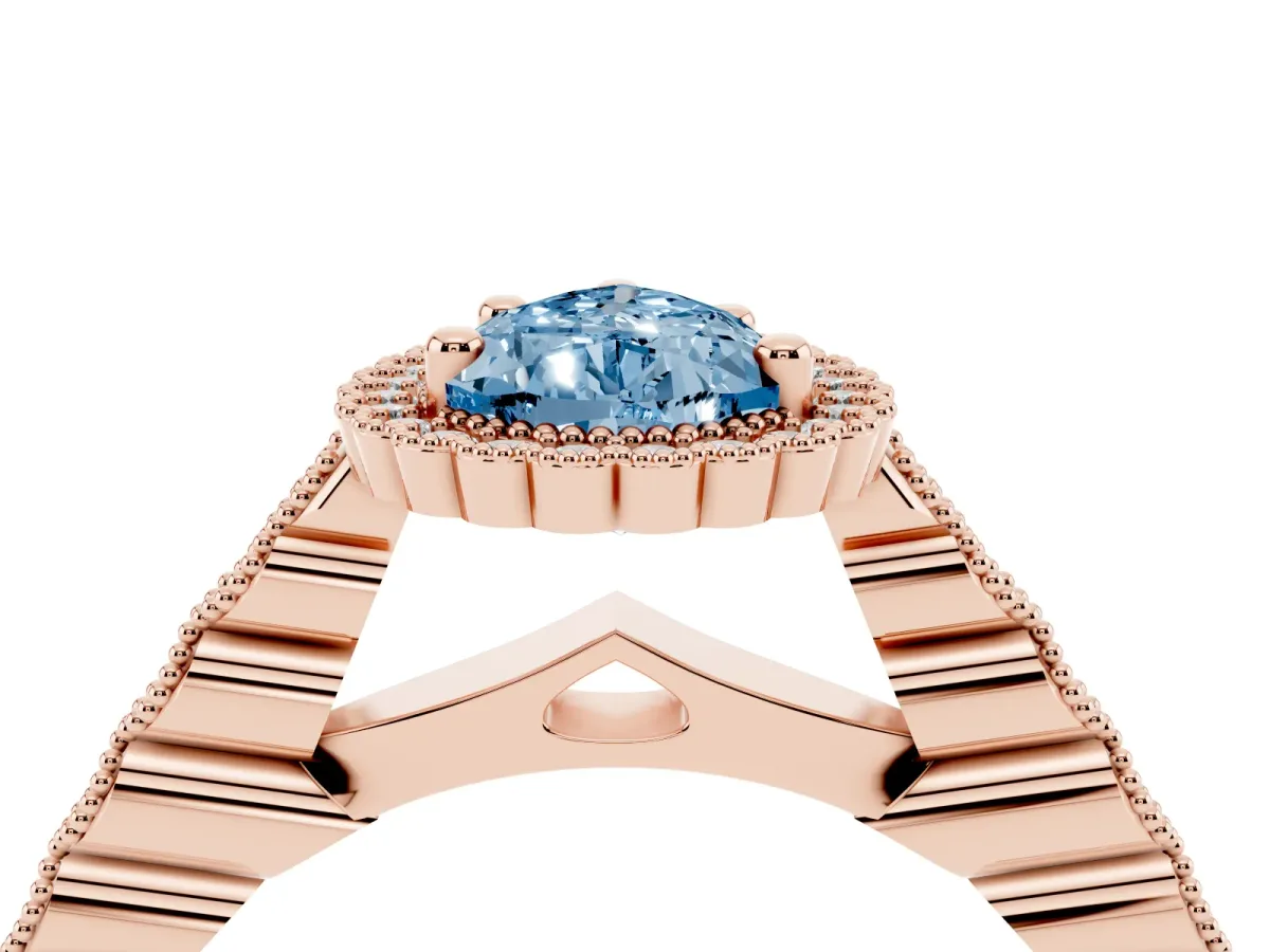 Fancy Blue Pear Cut Cut Halo Pavé Solitaire Ring with Milgrain Band Rose gold