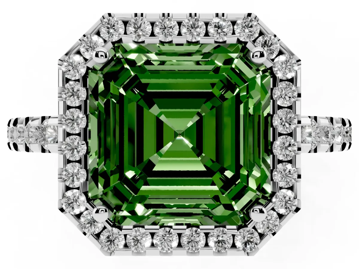 Fancy Green Asscher Cut Diamond Halo Engagement Ring with Pavé Band and Prong Setting Platinum