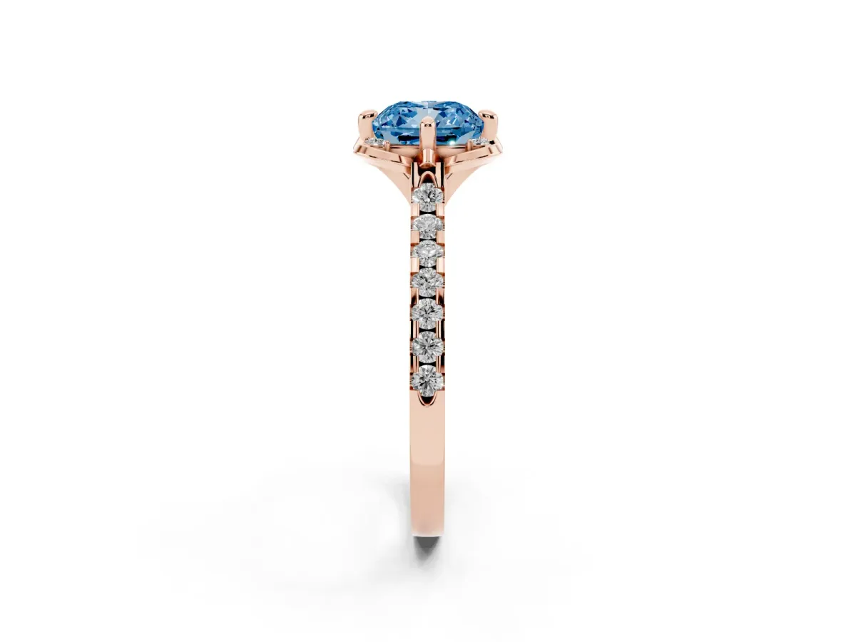 Fancy Blue Cushion Cut Diamond Ring with Pavé Band and Floral Prong Setting Rose gold