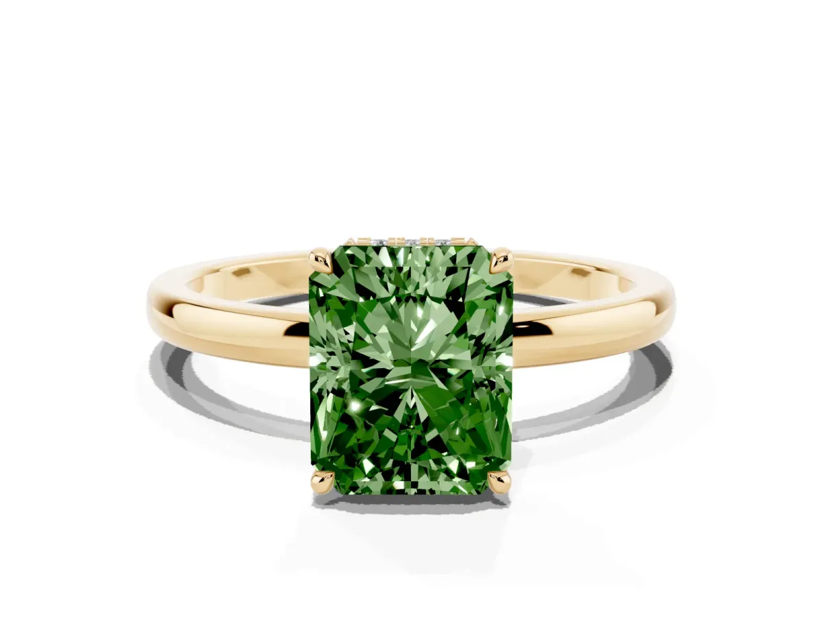 Fancy Green Radiant Cut Solitaire Engagement Ring with Cathedral Band and Four-Prong Setting Yellow gold