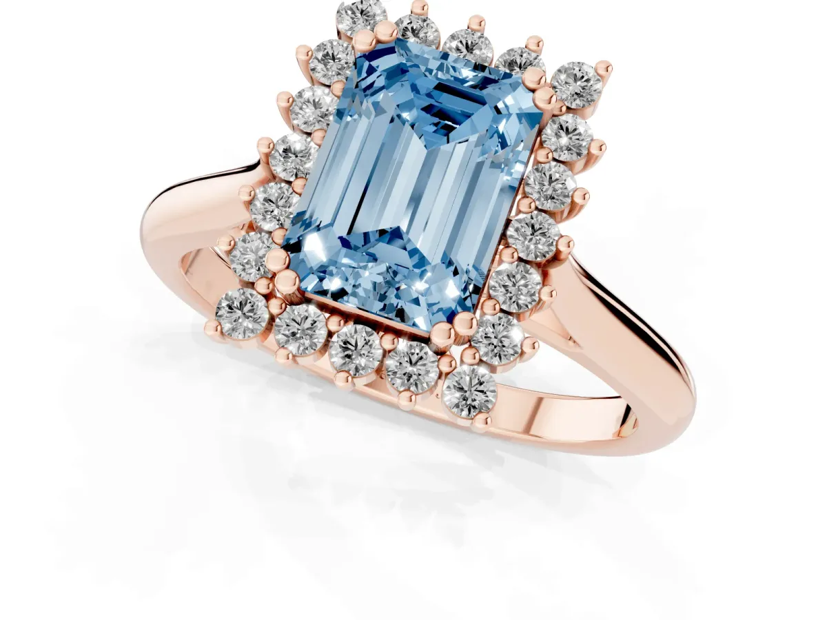 Fancy Blue Emerald Cut Cut Diamond Halo Ring with Solitaire Band and Prong Setting Rose gold