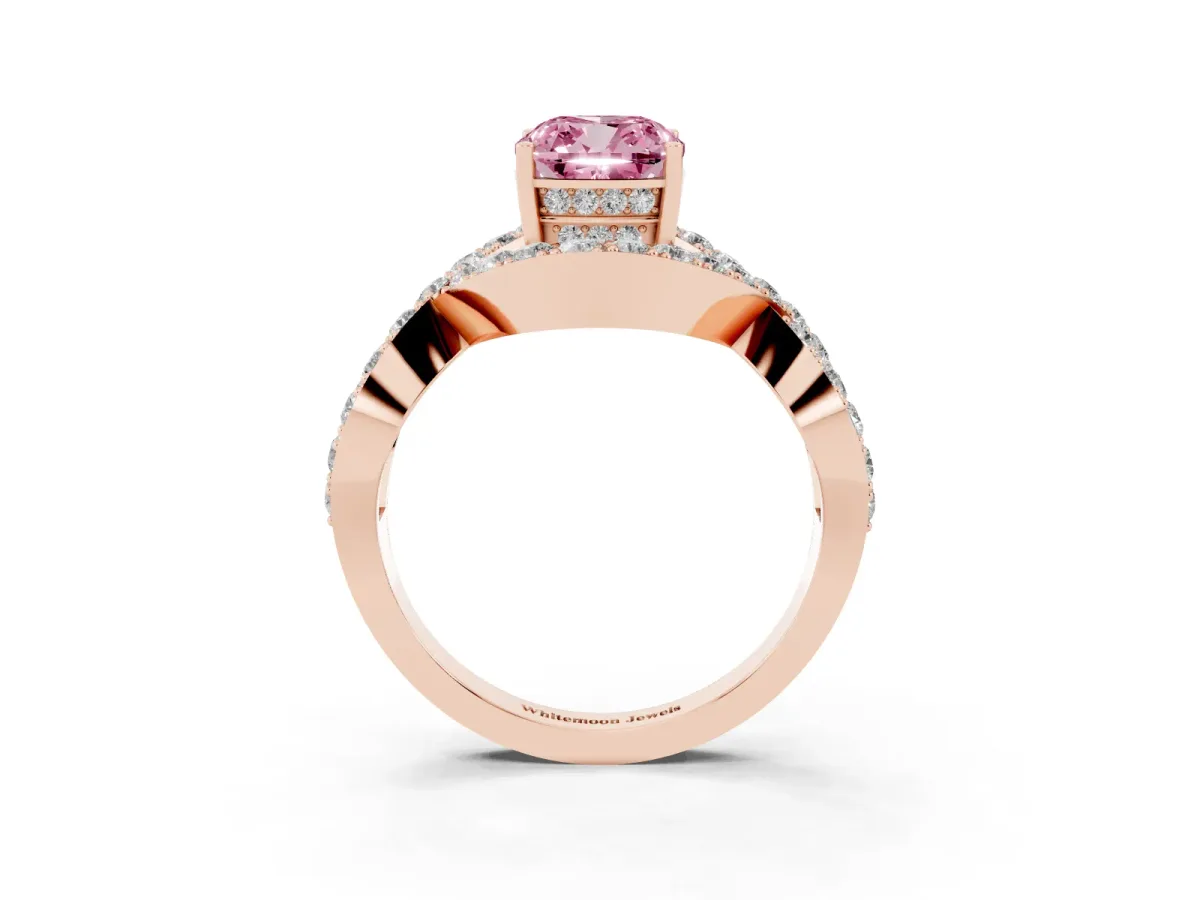 Fancy Pink Cushion Cut Solitaire Twist Band Pavé Diamond Engagement Ring Rose gold