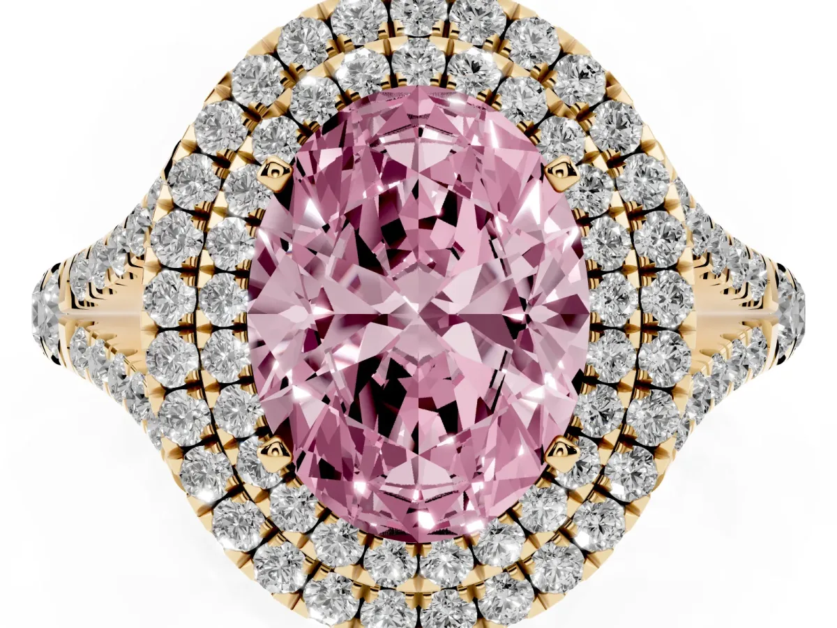 Fancy Pink Double Halo Oval Cut Diamond Split Shank Engagement Ring with Four-Prong Setting Yellow gold