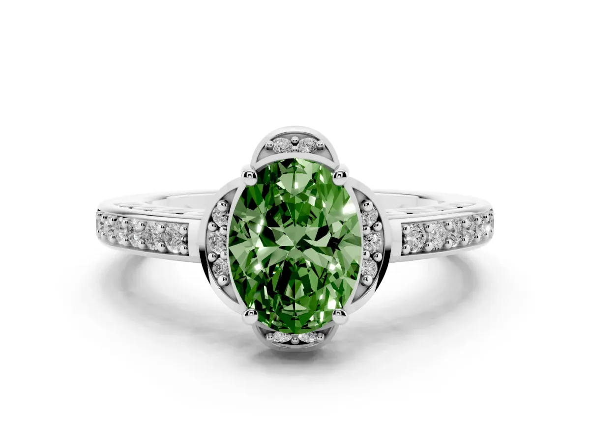 Fancy Green Oval Cut Cut Halo Diamond Ring with Channel Set Band and Four-Prong Setting White gold