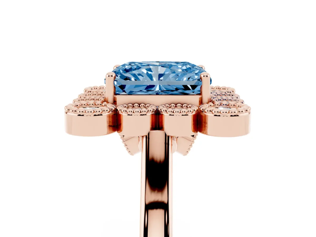 Fancy Blue Radiant Cut Halo Diamond Cluster Engagement Ring with Milgrain Bezel Setting and Solitaire Band Rose gold