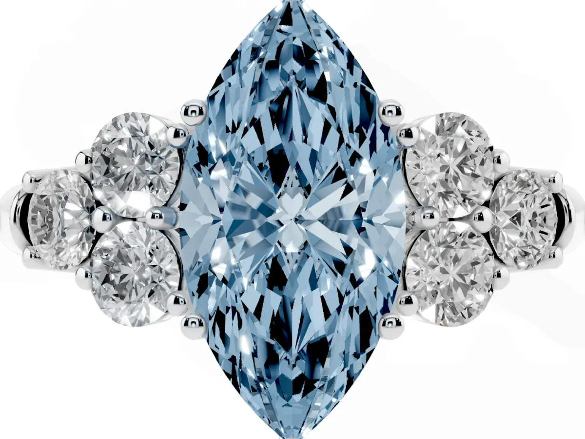 Fancy Blue Marquise Cut Cut Diamond Cluster Ring with Round Accent Stones and Prong Setting on a Classic Band Platinum