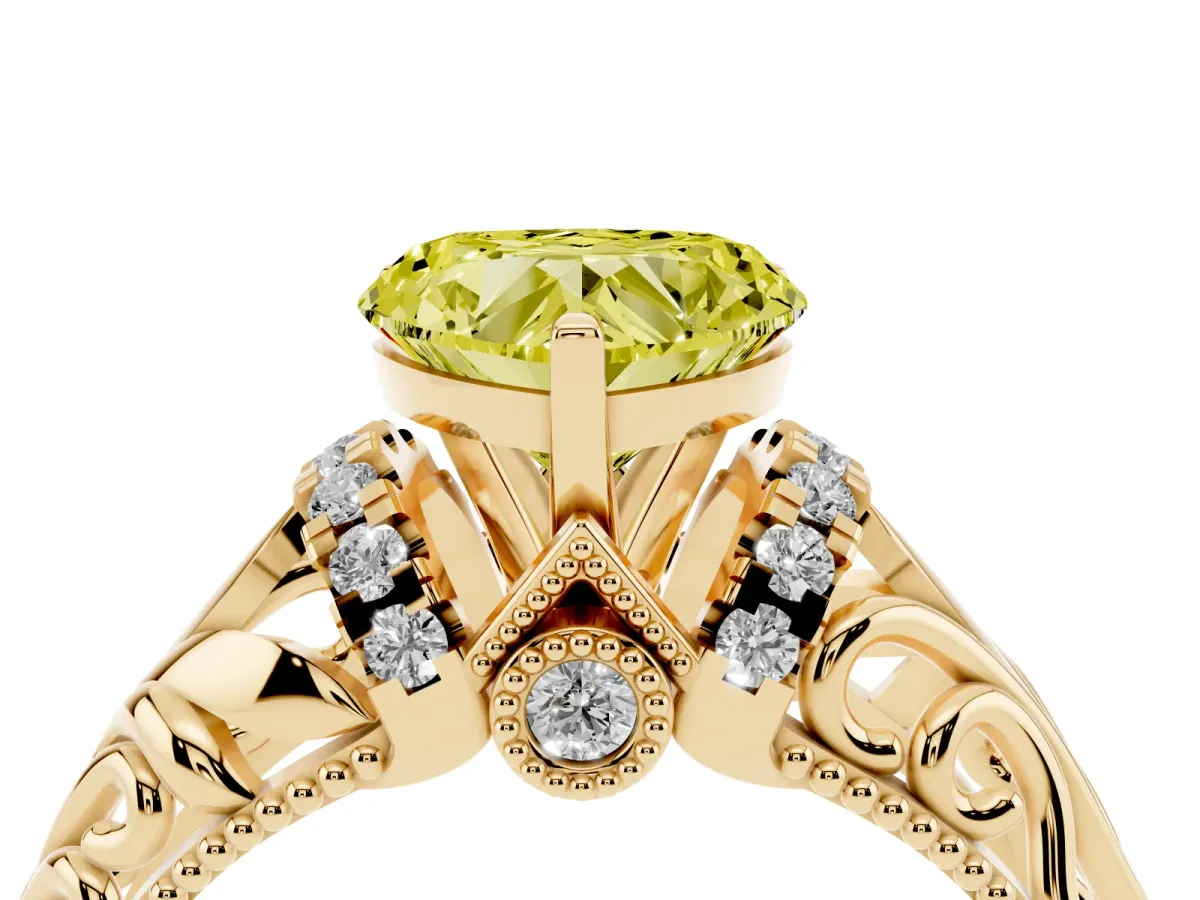 Fancy Yellow Heart Cut Solitaire Filigree Engagement Ring with Halo and Prong Setting Yellow gold