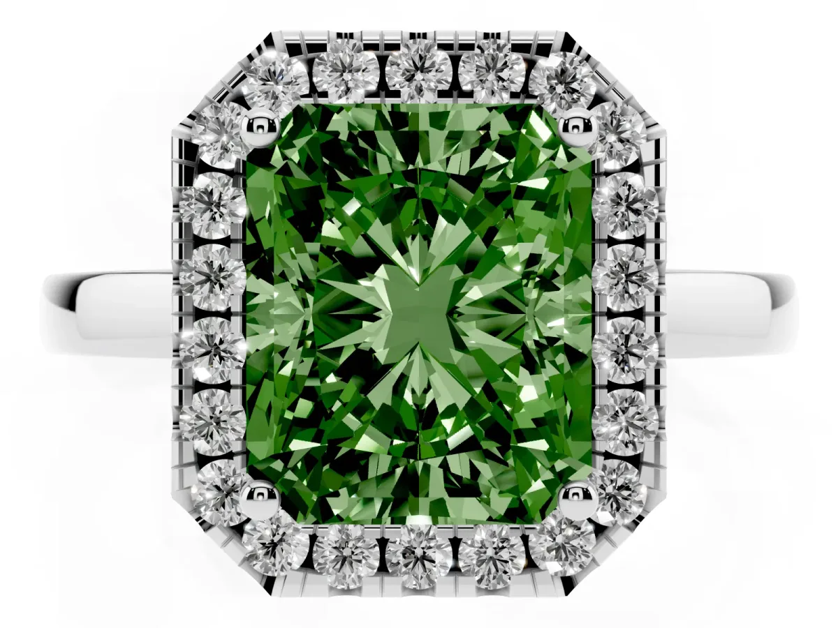 Fancy Green Radiant Cut Halo Diamond Solitaire with Pavé Band and Four-Prong Setting Platinum