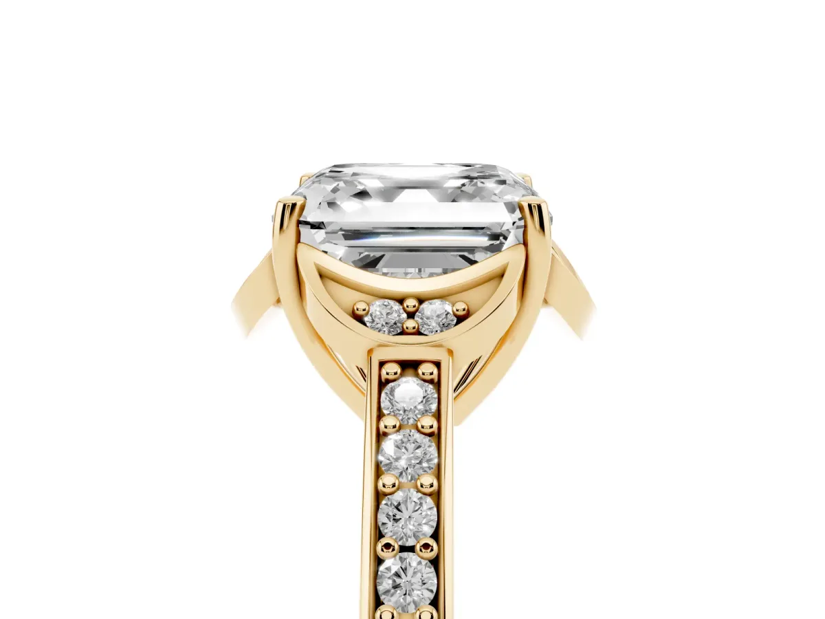 Asscher Cut Cut Halo Diamond Ring with Channel Set Band and Four-Prong Setting Yellow gold