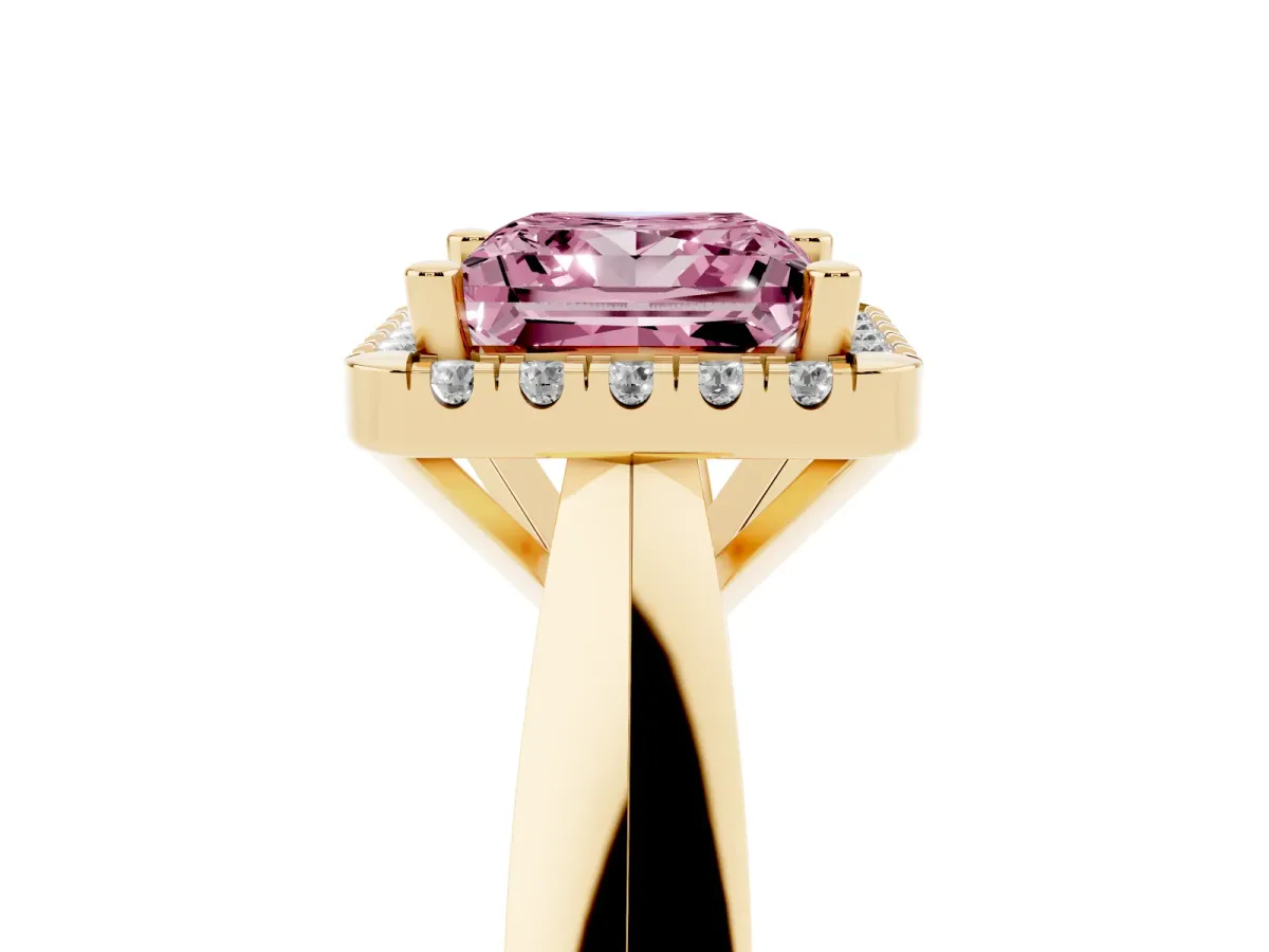 Fancy Pink Princess Cut Cut Halo Solitaire Engagement Ring with Square Band and Four-Prong Setting Yellow gold