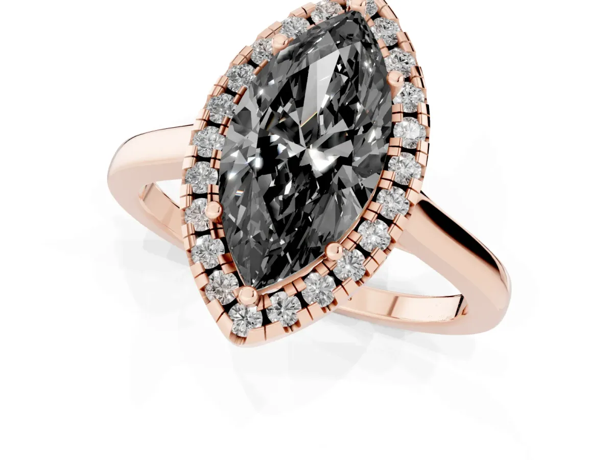 Fancy Black Marquise Cut Halo Round Diamond Solitaire Ring with Pavé Band and Four-Prong Setting Rose gold