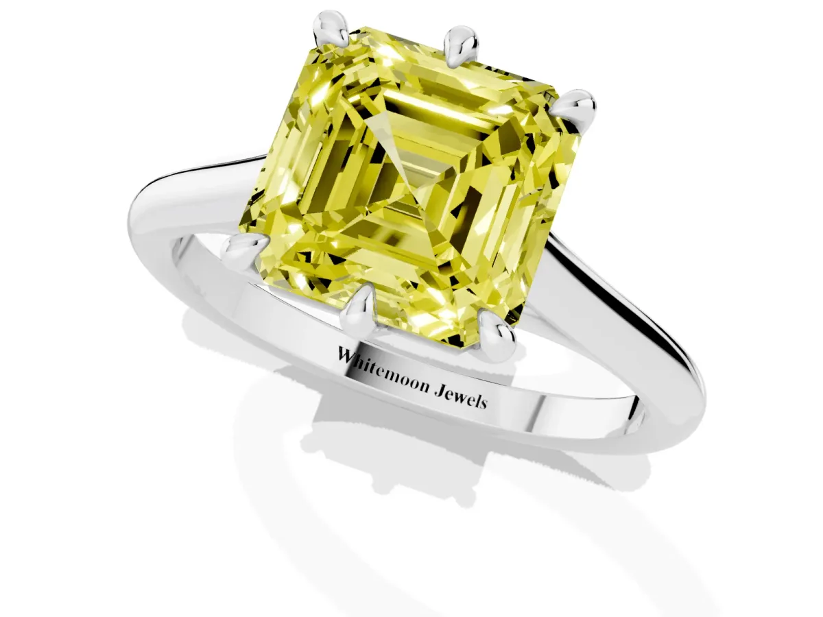Fancy Yellow Asscher Cut Solitaire Engagement Ring with Six-Prong Setting and Classic Band Silver