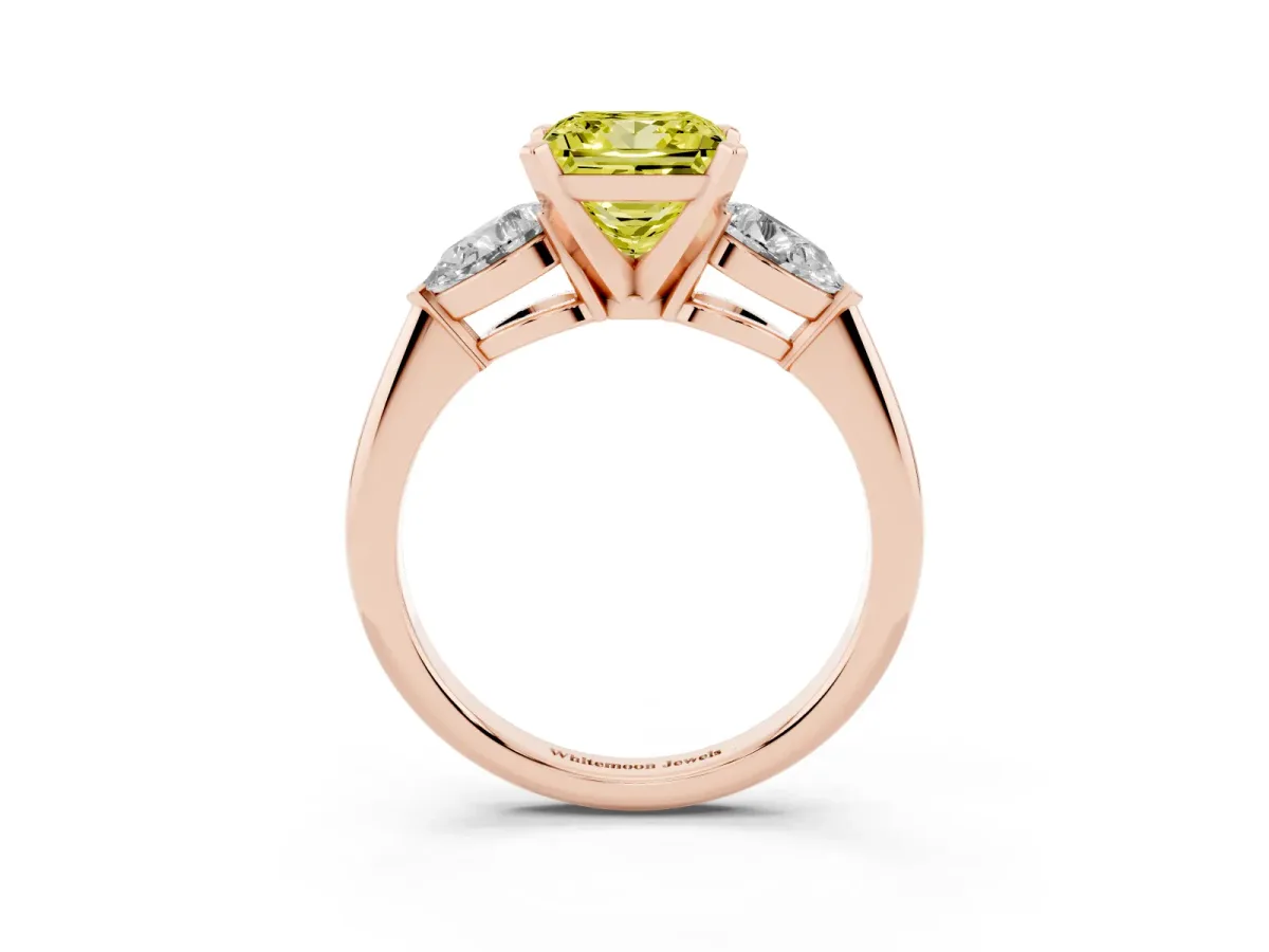 Fancy Yellow Three-Stone Princess Cut Diamond Ring with Pear Side Stones and Four-Prong Setting Rose gold
