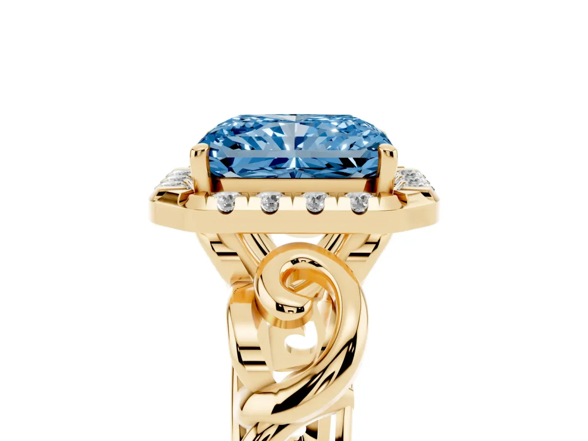 Fancy Blue Radiant Cut Cut Halo Diamond Ring with Scrollwork Band and Four-Prong Setting Yellow gold
