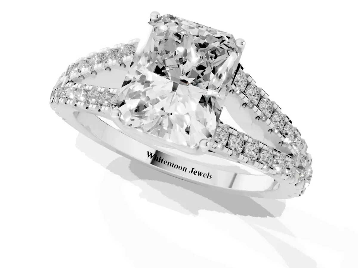Radiant Cut Diamond Split Shank Pavé Engagement Ring with Four-Prong Setting White gold
